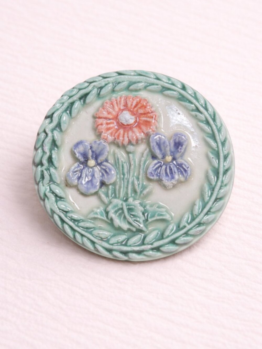 Brick Pond Handworks Mary DeCaprio Floral Ceramic Brooch Springerle Design
